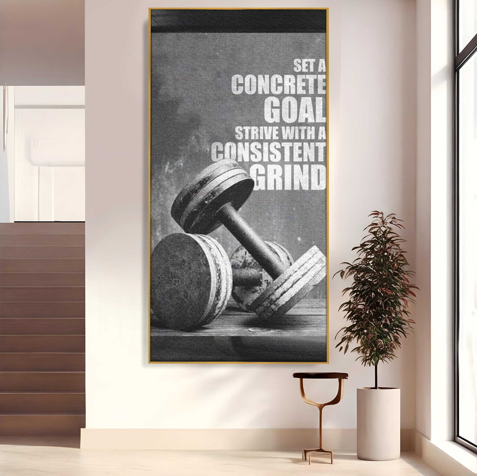 Tablou canvas cu tablou motivational cu gantere si text, in rama de aluminiu auriu